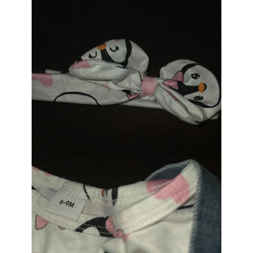 Boutique penguin‎ distressed overalls bodysuit headband size 6 9 months